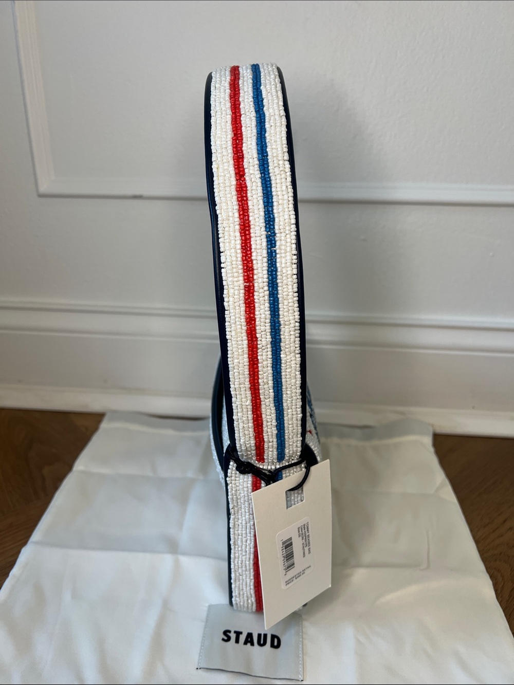 STAUD White Beaded "Stautine Crackers" Shoulder Bag with Blue Lettering - Picture 4 of 9